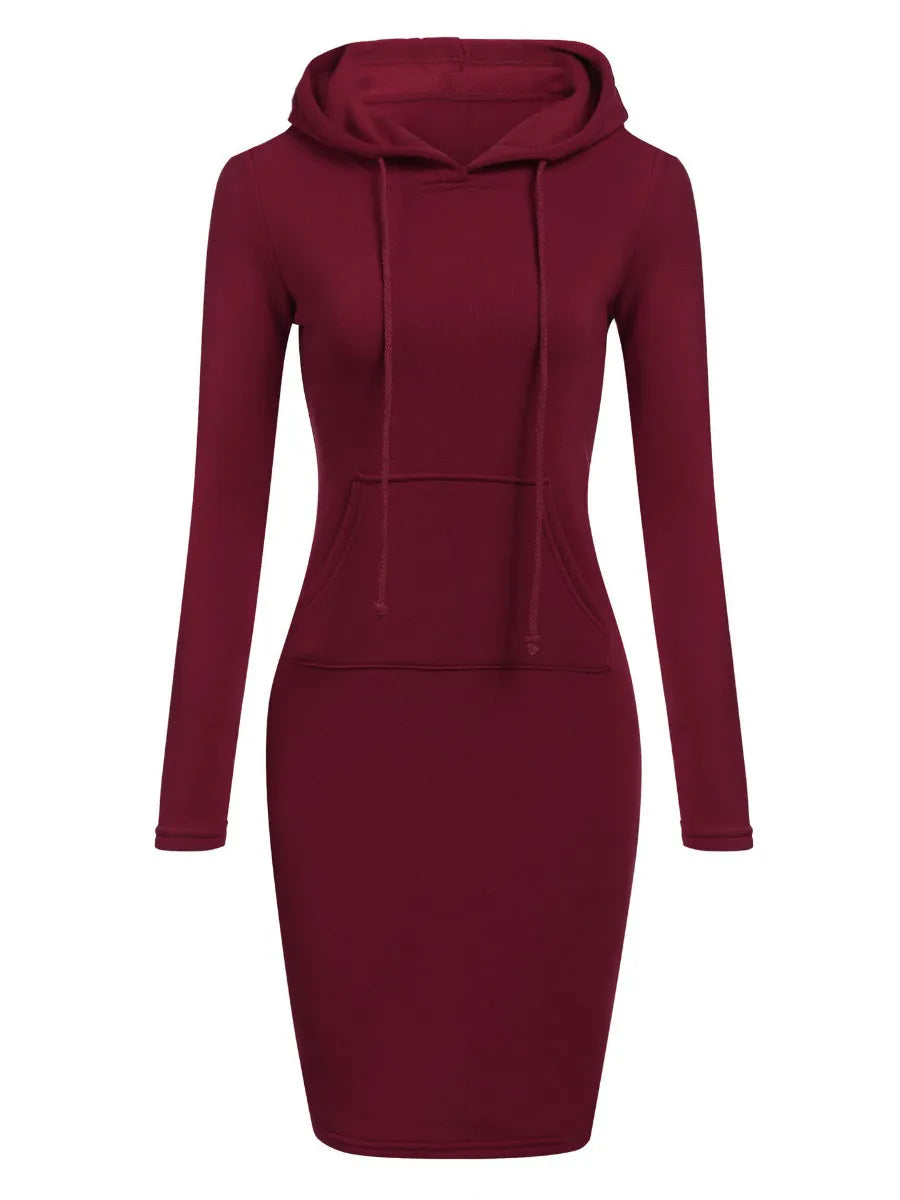 LW BASICS Casual Women Kangaroo Pocket Solid Sweat Dress Hooded Collar Long Sleeve  Fall & Winter Mini Dresses