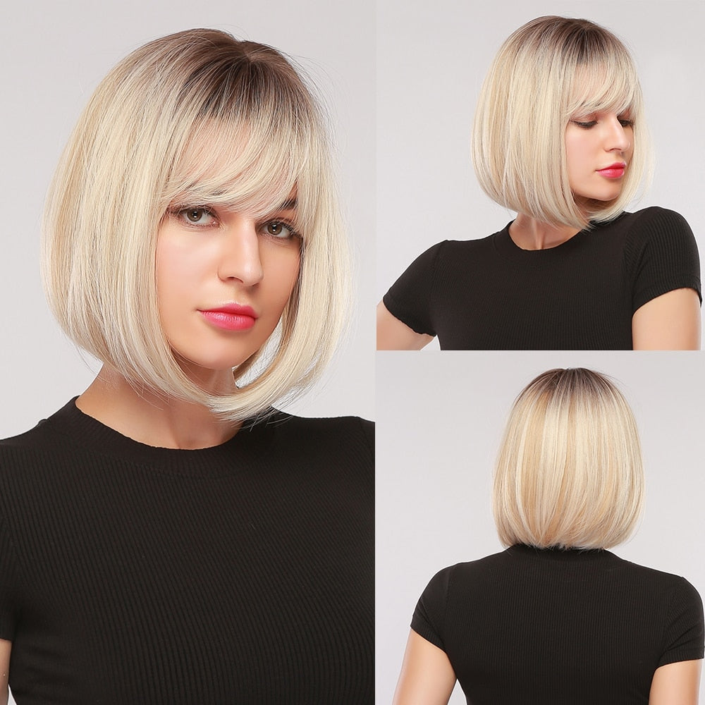 Short Straight Bob Wigs with Bangs Golden Brown Natural Synthetic Hair for Women Daily Cosplay Heat Resistant Fiber