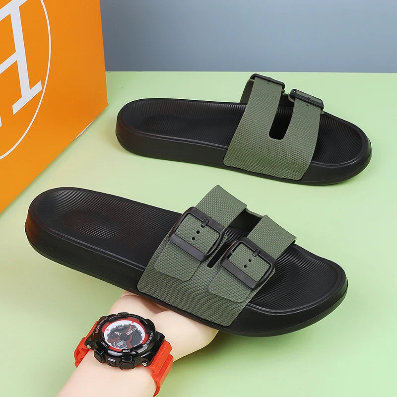 Leather Suede Sole Men Cork Slippers Summer Casual Double Buckle Non-slip Clogs Slides Women Slip on Flip Flop Men Shoes Unisex