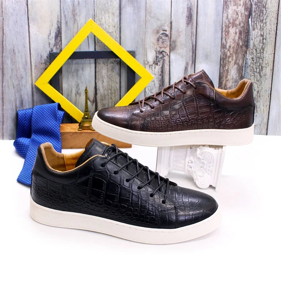 Men's Leather Shoes Casual Comfort Flat Shoes Lace Up Fish Pattern Handmade Shoes Dating Office Fashion Banquet Men's Shoes