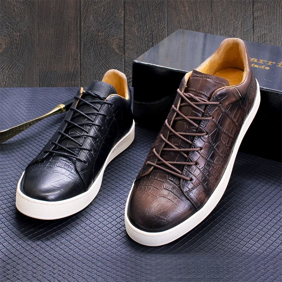 Men's Leather Shoes Casual Comfort Flat Shoes Lace Up Fish Pattern Handmade Shoes Dating Office Fashion Banquet Men's Shoes