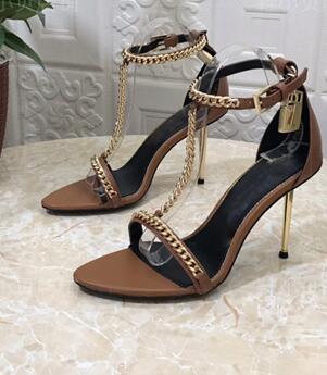 UVRCOS Runway Metal Chains T-strap High Heel Shoes Women Fashion Open Toe Stiletto Heels Summer Rome Style Sandals