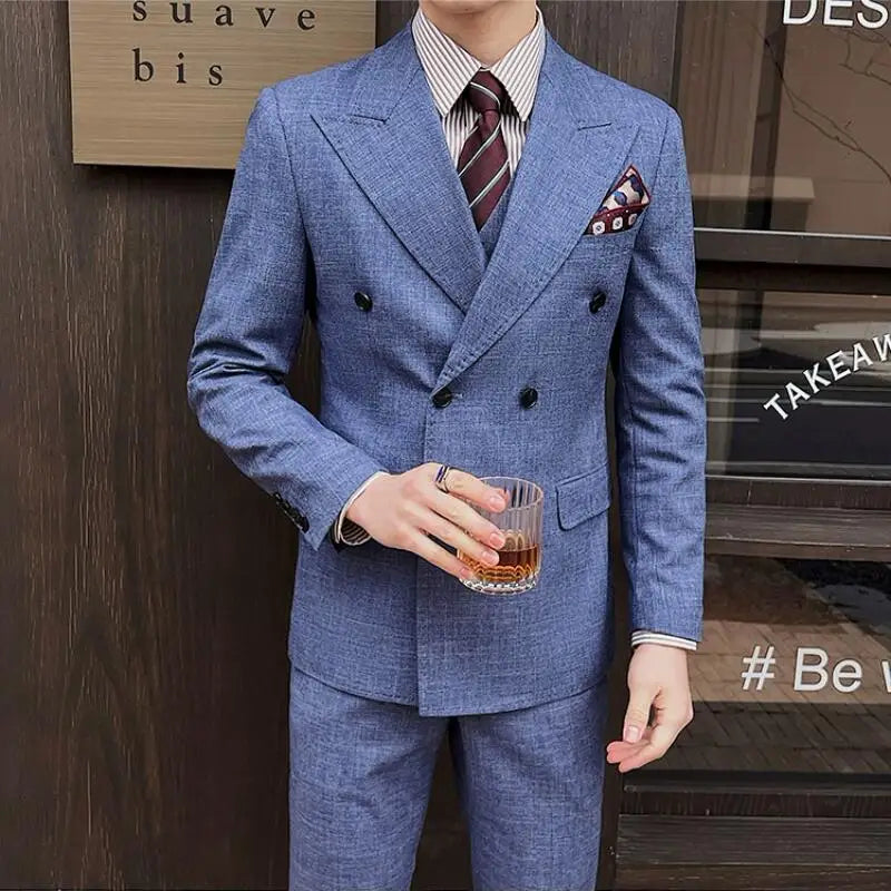 (Jackets+Pants+Vest) High-quality Men's Double Breasted Elegant Fashion Suits 3 Pcs 2024 New Casual Wedding Social Suit Tuxedo