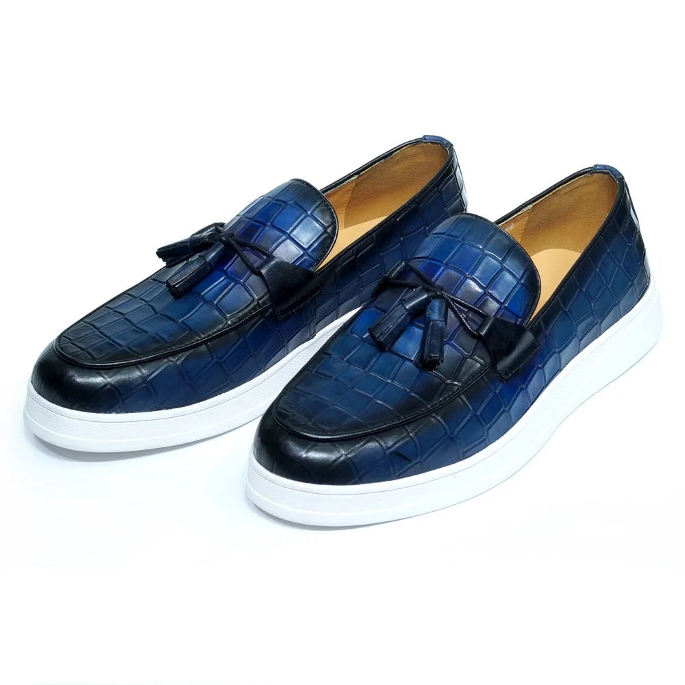 Big Size Classy Men's Casual Shoes Genuine Leather Slip-on Tassel Loafers Brand Design Crocodile Print Round Toe Shoes for Men