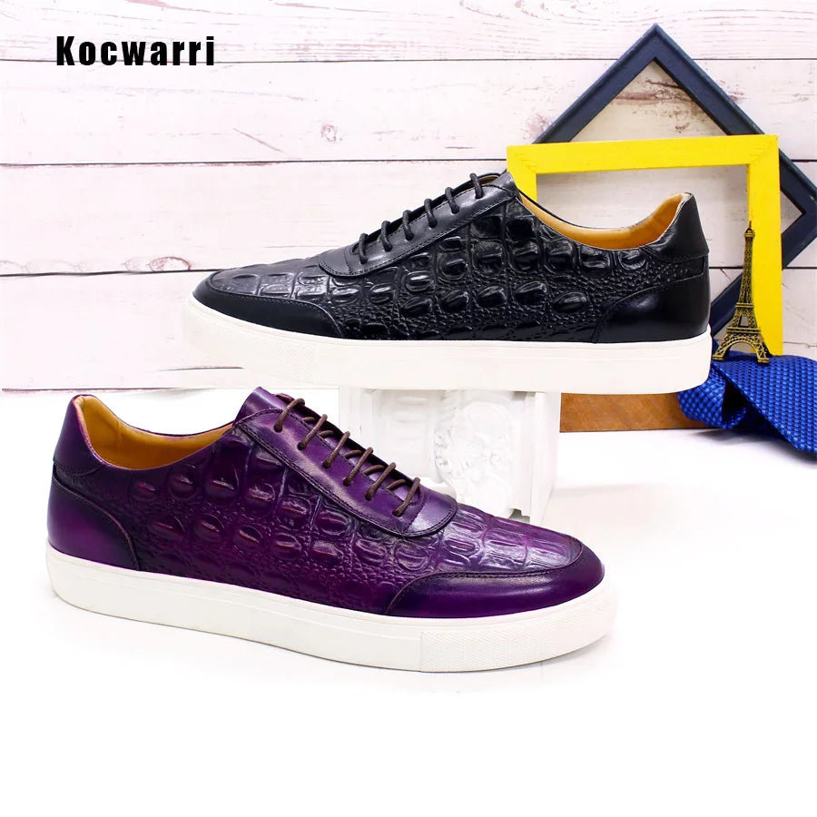 Men's Fashion Casual Leather Shoes Handmade Genuine Leather Crocodile Pattern Lace Up Non-slip Flats Dating Party Dress Shoes