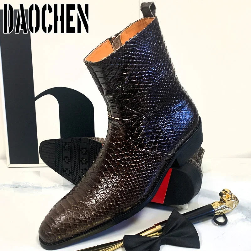 Luxury Men Mid-Calf Boots High Grade Python Print Shoes Casual Mens Dress Boots Winter Leather Chelsea Boots Shoes Men