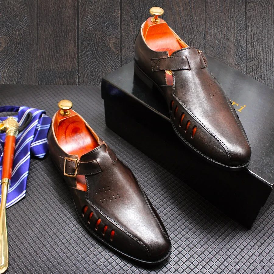 Men's Leather Sandals Smooth Hollow Breathable Dress Shoes Casual Metal Button Pointed Toe Sandals Office Men's Leather Shoes