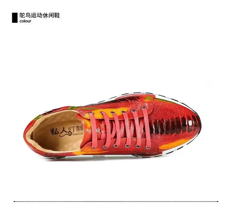 Fashion trend ostrich leg leather casual sneakers men's lace-up flat shoes boy leather inner rubber sole painted