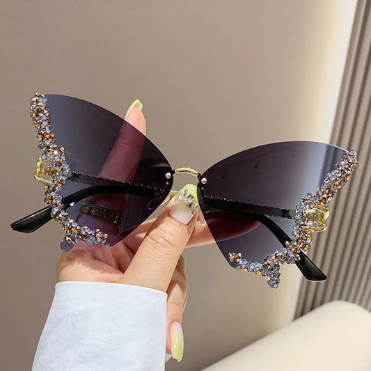 Luxury Diamond Butterfly Sunglasses Women Brand  Vintage Rimless Oversized Sun Glasses Ladies Eyewear Holiday Decorative Eyewear