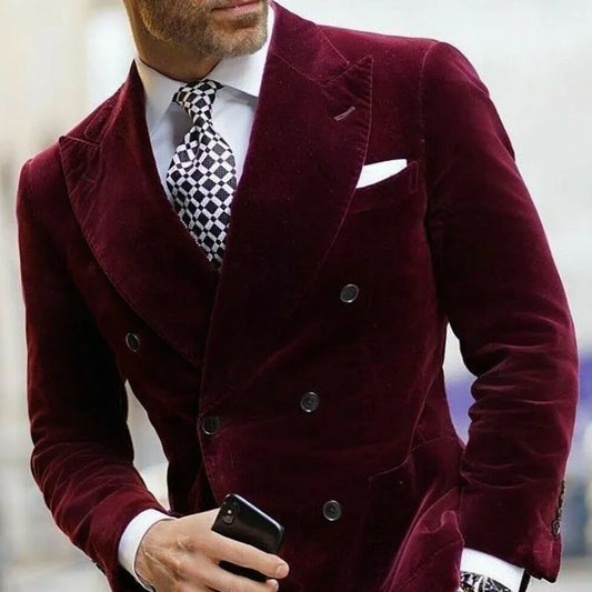 Burgundy Velvet Men Suit Jacket Peak Lapel Blazer with Double Breasted Dinner Party Wedding Tuxedo Latest Designs Coat