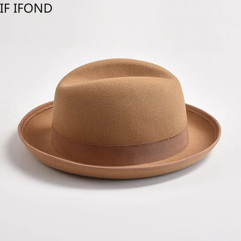 New British Style Wool Felt Fedora Hats for Men Roll Up Brim Homburg Gentleman Church Jazz Hat Party Dress Cap