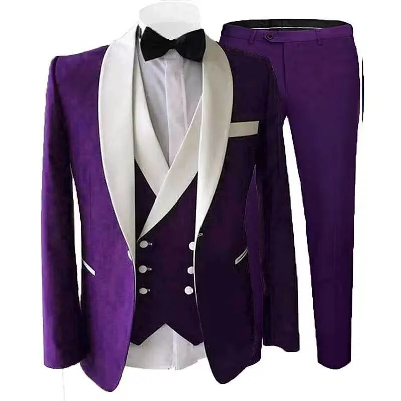 Solid Men's 3 Pieces Suit Formal Business White Shawl Lapel Slim Fit Groom Tuxedo Best Man Blazer For Wedding(Jacket+Vest+Pants)