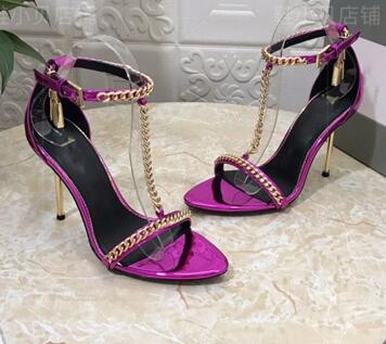 UVRCOS Runway Metal Chains T-strap High Heel Shoes Women Fashion Open Toe Stiletto Heels Summer Rome Style Sandals