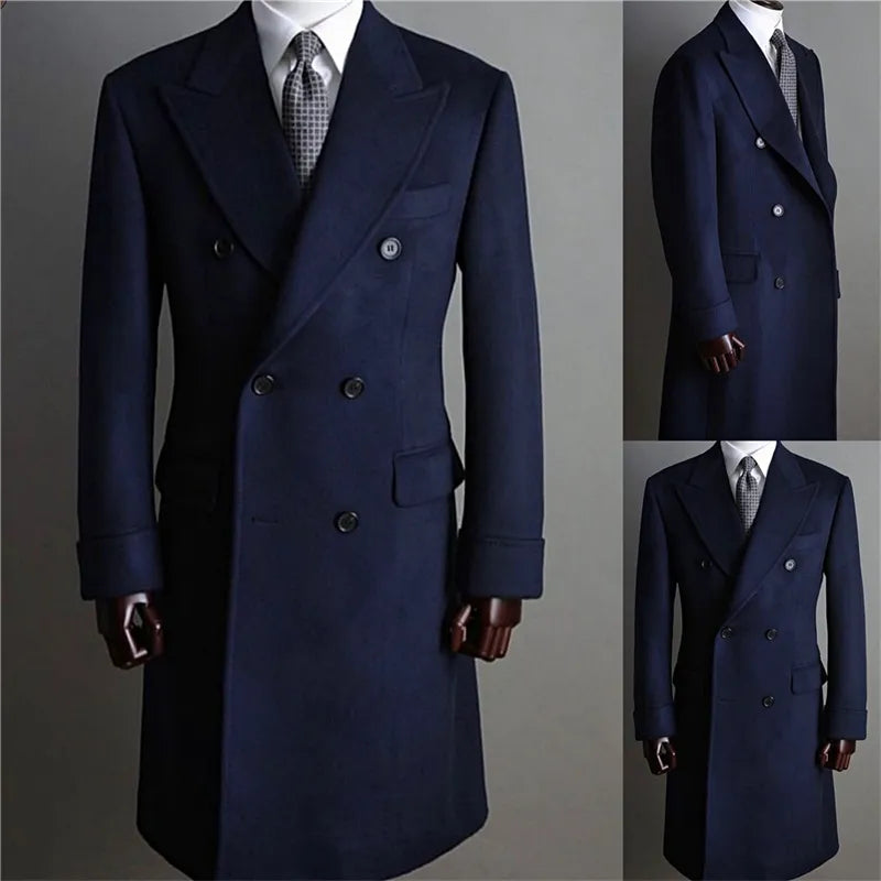 Formal Navy Men Suits Thick Wool Long Coat Men Jacket Double Breasted Tuxedos Peaked Lapel Fashion Blazer Business Long Coat