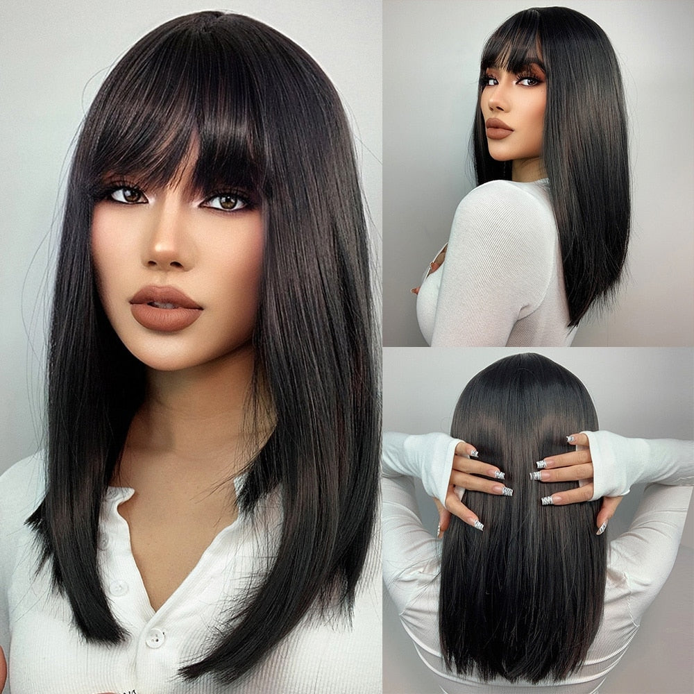 Short Straight Bob Wigs with Bangs Golden Brown Natural Synthetic Hair for Women Daily Cosplay Heat Resistant Fiber