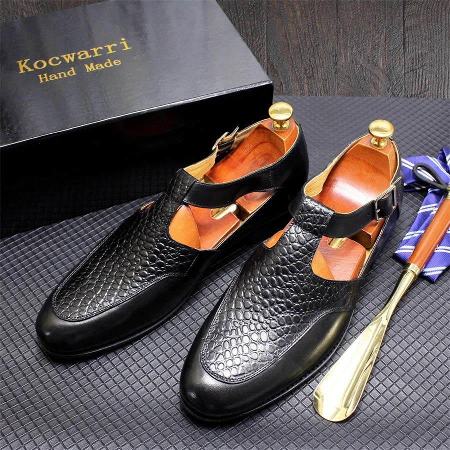 Comfortable Men  Leather Sandals Snake Print Pointed Dress Shoes Casual Buckle Handmade Leather Sandals Home Men's Leather Shoes