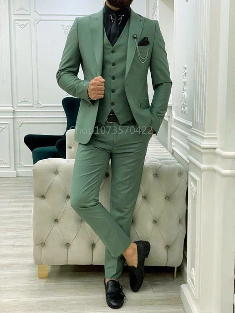 3 Pieces Suit for Men Matcha Green Slim Fit Wedding Groom Tuxedo Groomsmen Suits Fashion Smoking Costume Homme Blazer Vest Pants