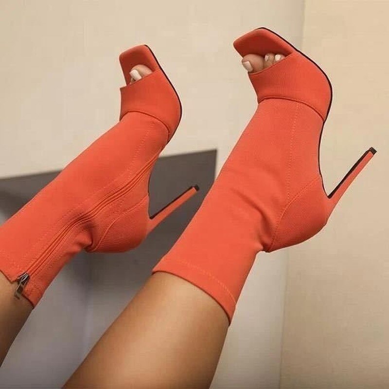 Women High Heels Elastic Sock Boots Sexy Peep Toe Ladies Sandals Boots Stiletto Platform Zipper Female Party Wedding Shoes