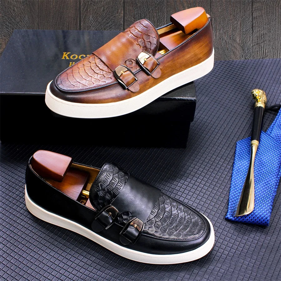 Men's Casual Leather Shoes Genuine Leather Handmade Metal Buckle Men Shoes Lace Up Non-Slip Flat Shoes Banquet Party Men's Shoes