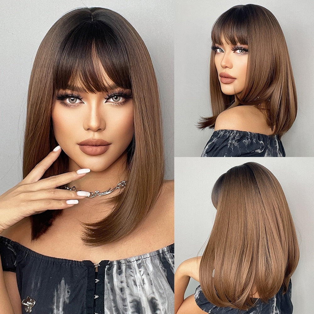 Short Straight Bob Wigs with Bangs Golden Brown Natural Synthetic Hair for Women Daily Cosplay Heat Resistant Fiber