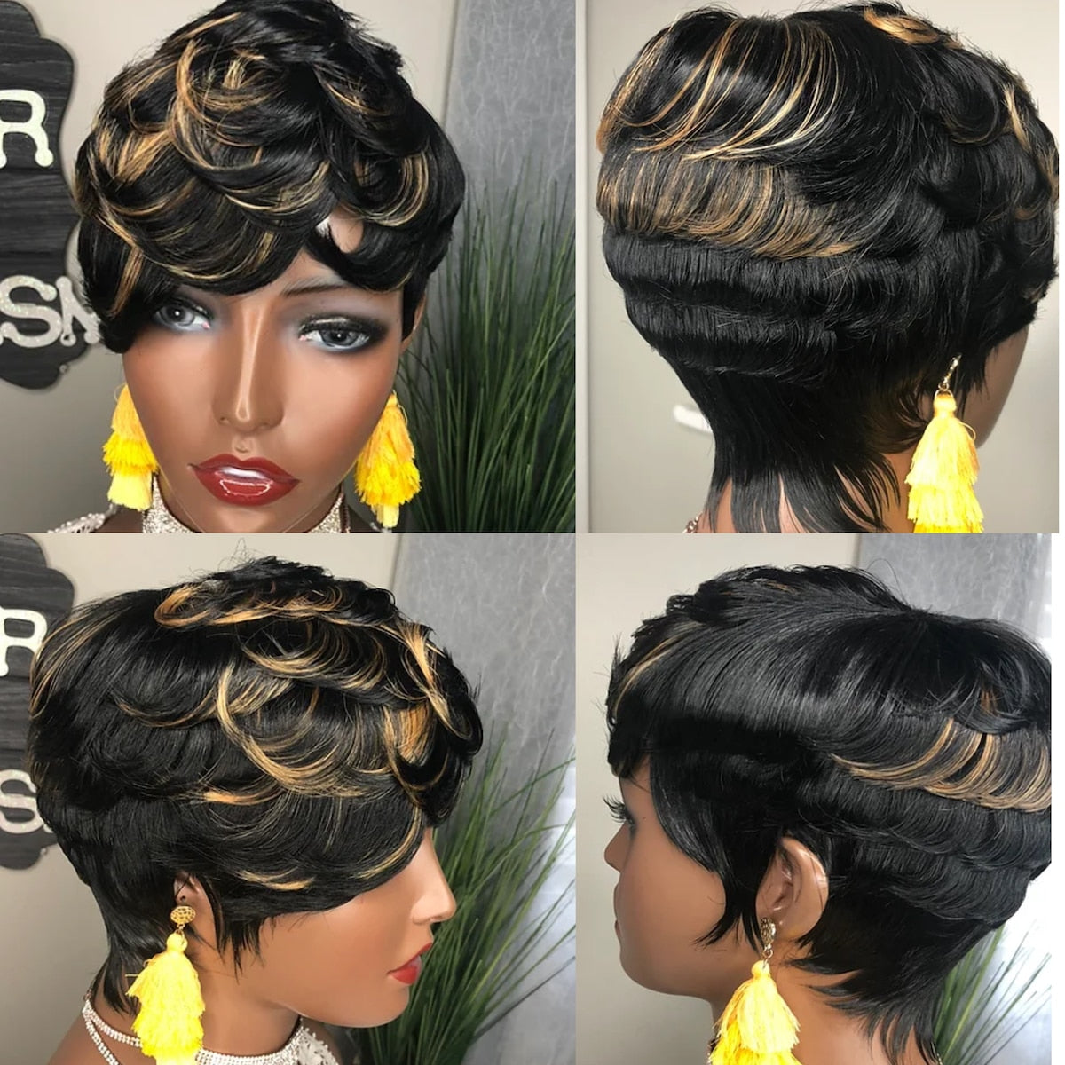 WIGERA  Highlight Synthetic Wigs Short Straight  Pixie Cut Hair Bob Wig Honey Gold Mix Black  Hair For Woman