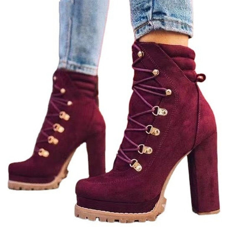 Women's Ankle Boots and High Heels Platform Women's Lace Up Women's Shoe Buckle Women's Short Boots New Plus Size 35-43