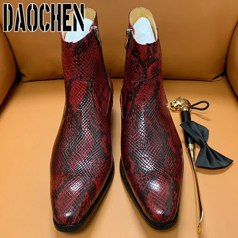 Luxury Brand Men's Boots High Zipper Mid-Calf Boots Slip On Python Casual Shoes Red White Basic Boots Leather Shoes Men