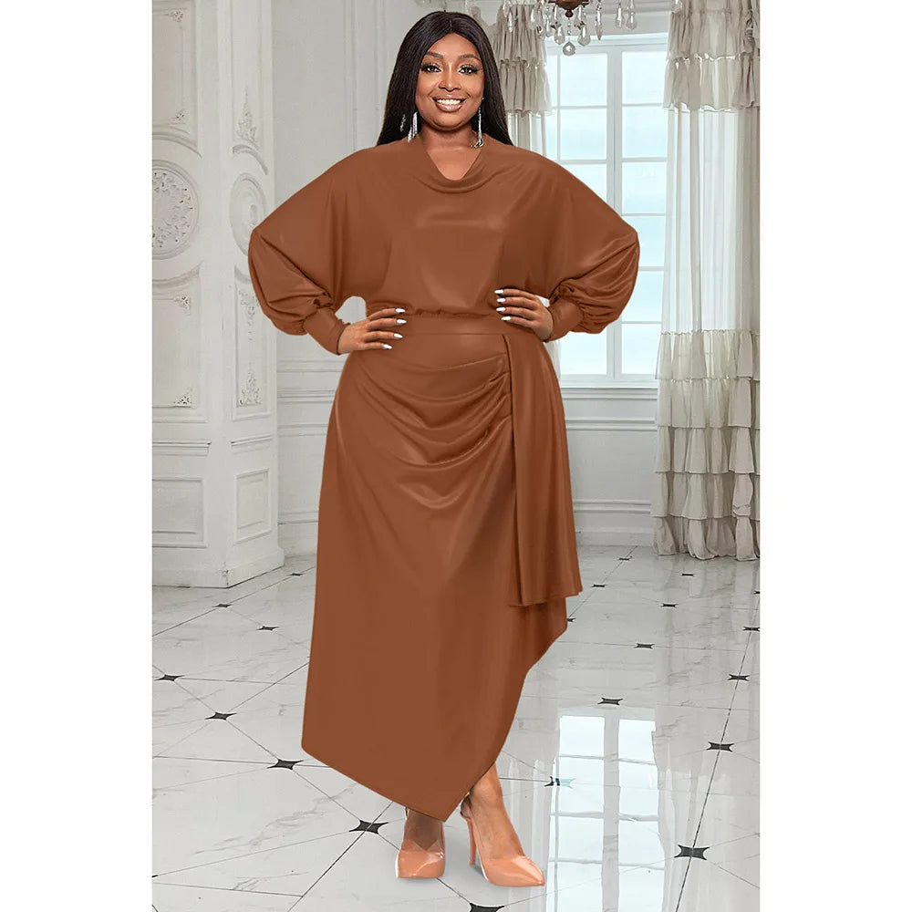 Plus Size Daily Dress Brown V Neck Long Sleeve Irregular Satin Maxi Dress