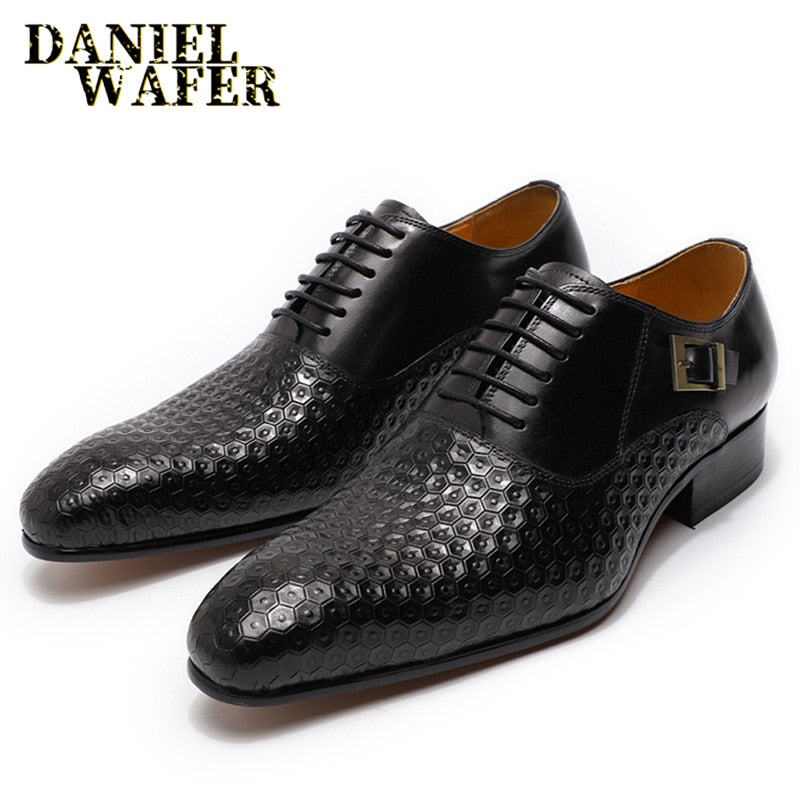 Daniel Wafer Man Shoes Luxury Genuine Leather Geometric Prints Office Wedding Man Formal Black Lace Up Pointed Toe Oxford Shoes