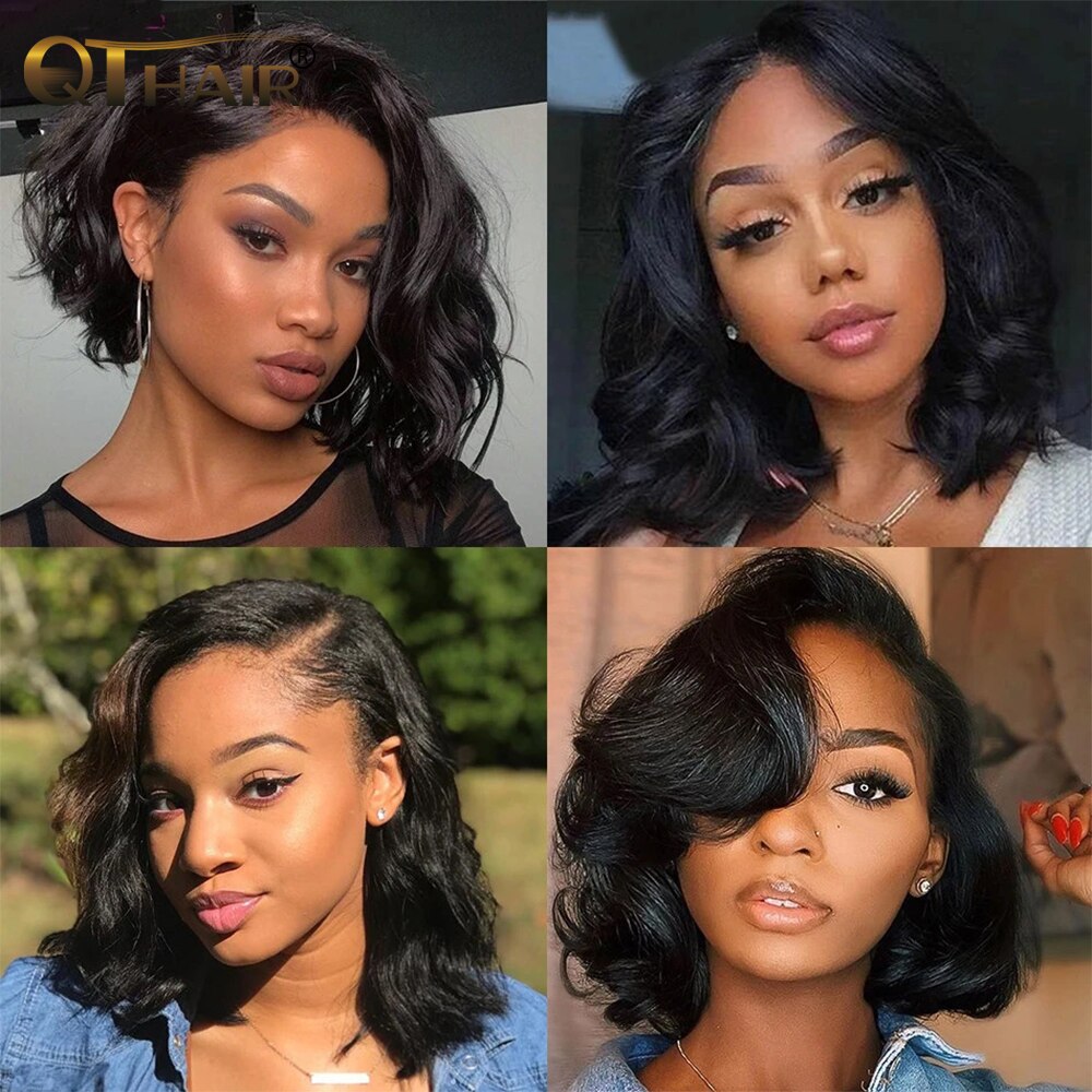 QT HAIR Blunt Cut Bob Wig Brazilian Lace Closure Human Hair Wigs Body Wave Bob Wig For Women Remy T Part Bob Wigs With Baby Hair