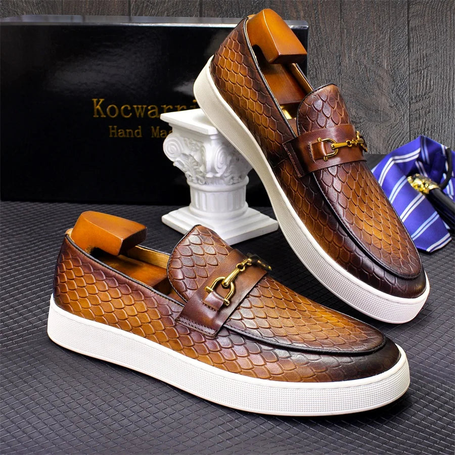 Genuine Leather Men's Shoes Handmade Metal Buckle Snake Leather Shoes Non-slip Flat Loafers Banquet Party Wedding Men's Shoes