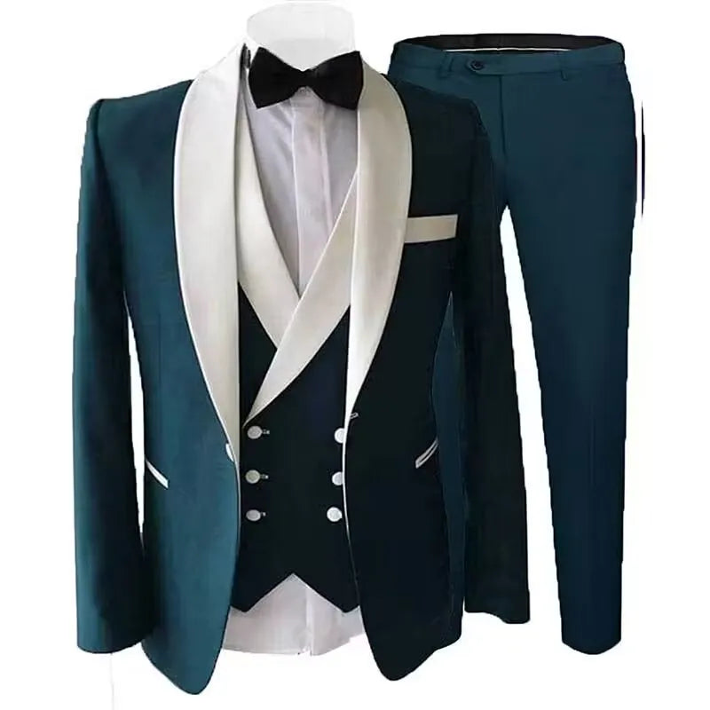 Solid Men's 3 Pieces Suit Formal Business White Shawl Lapel Slim Fit Groom Tuxedo Best Man Blazer For Wedding(Jacket+Vest+Pants)