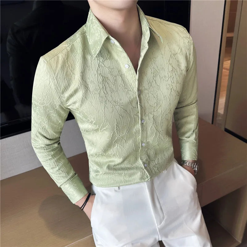 Men Spring High Quality Jacquard Design Casual Long-sleeved Shirts/Male Slim Fit Lapel High Quality Business Shirt Homme