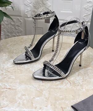 UVRCOS Runway Metal Chains T-strap High Heel Shoes Women Fashion Open Toe Stiletto Heels Summer Rome Style Sandals