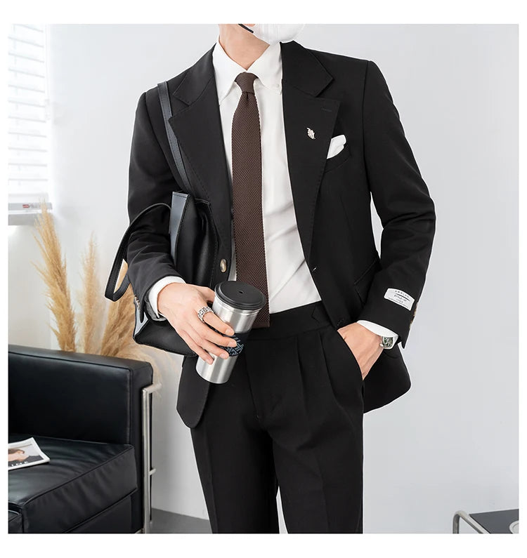 Men's Fashion Internet Red Single Row Solid Casual Suit Groom Set Black Groom Wedding Dress Party  2-piece Set