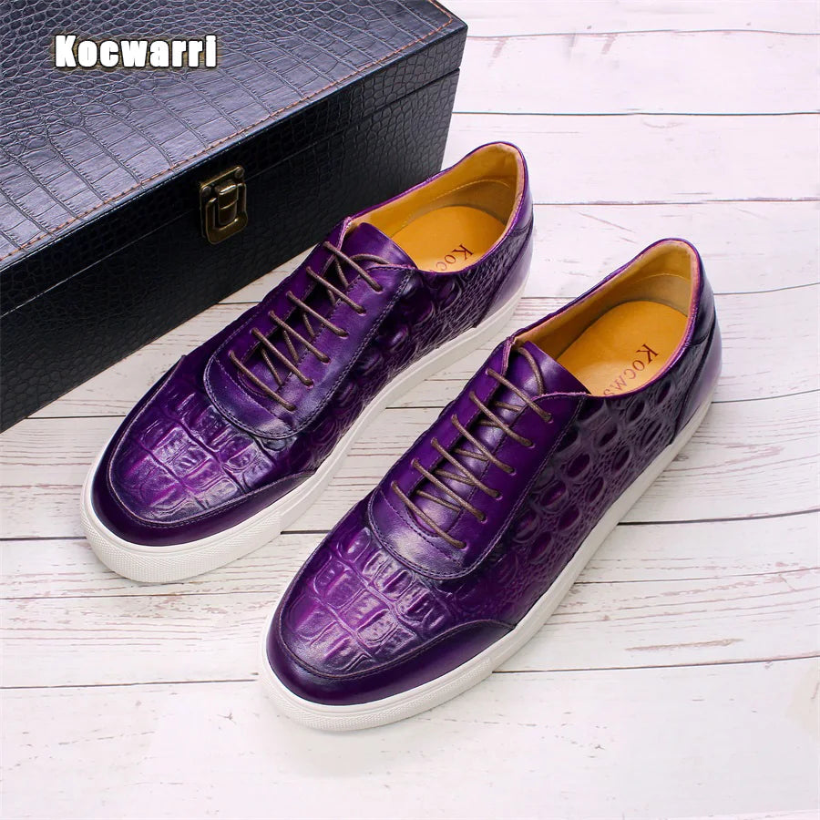 Men's Fashion Casual Leather Shoes Handmade Genuine Leather Crocodile Pattern Lace Up Non-slip Flats Dating Party Dress Shoes