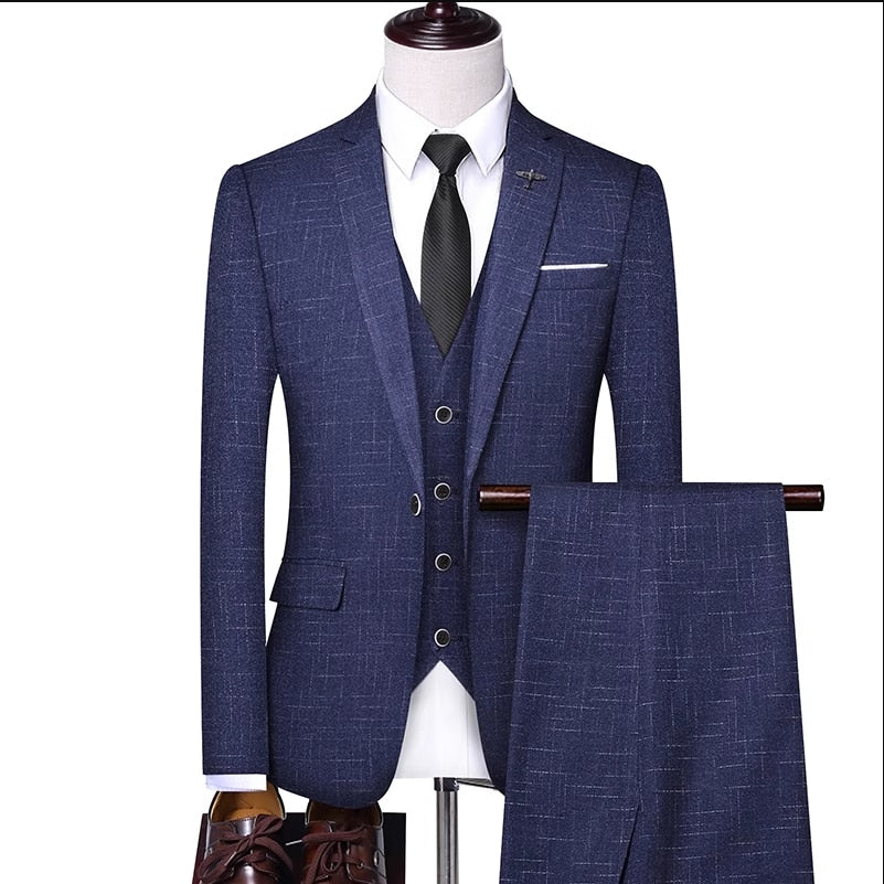 (Blazer +Pants + Vest ) Fashion Men Boutique Plaid Suit 3 Piece Blue / Black New Men's Business Dress Male Slim Fit Clothing