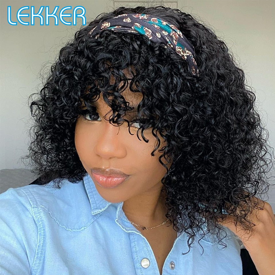 Lekker Colored Short Afro Kinky Curly Bob Human Hair Bangs Wig For Women Brazilian Remy Hair Ombre Brown Loose Deep Wavy Wigs