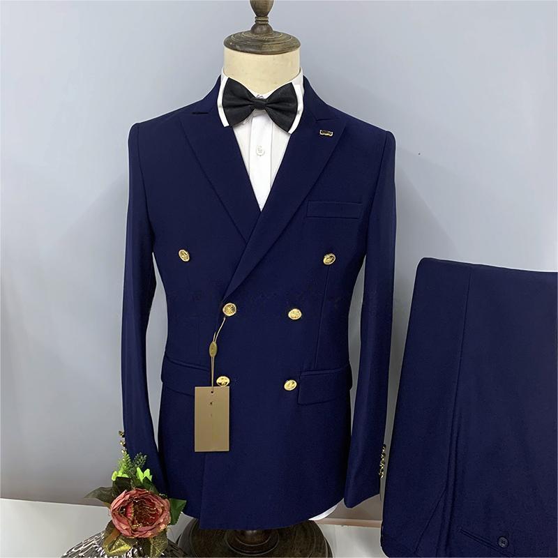 2023 Formal Business 2 Pieces Mens Suit Brown Tuxedos Double-breasted  Metal Jacket for Wedding Groom(Blazer+Pants)