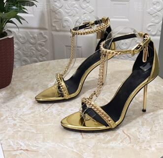 UVRCOS Runway Metal Chains T-strap High Heel Shoes Women Fashion Open Toe Stiletto Heels Summer Rome Style Sandals