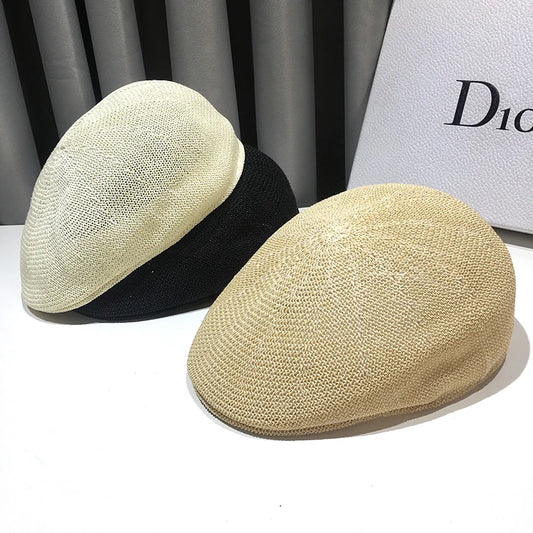 Summer Thin Mesh Forward Hat New Casual Wild British Ladies Beret Retro Hollow Breathable Niche Couple Sunscreen Shade Straw Hat