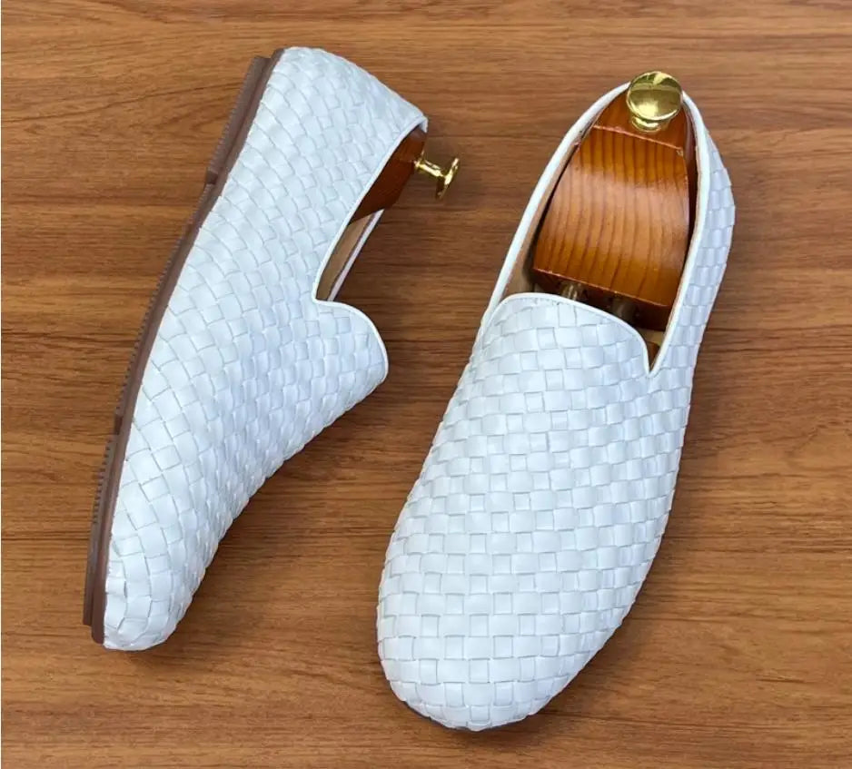 2023 New Arrives Men'S Casual Leather Shoes White Weave Loafers Rubber Sole Elegant Black Smoking Shoes Comfort Luxury Driving