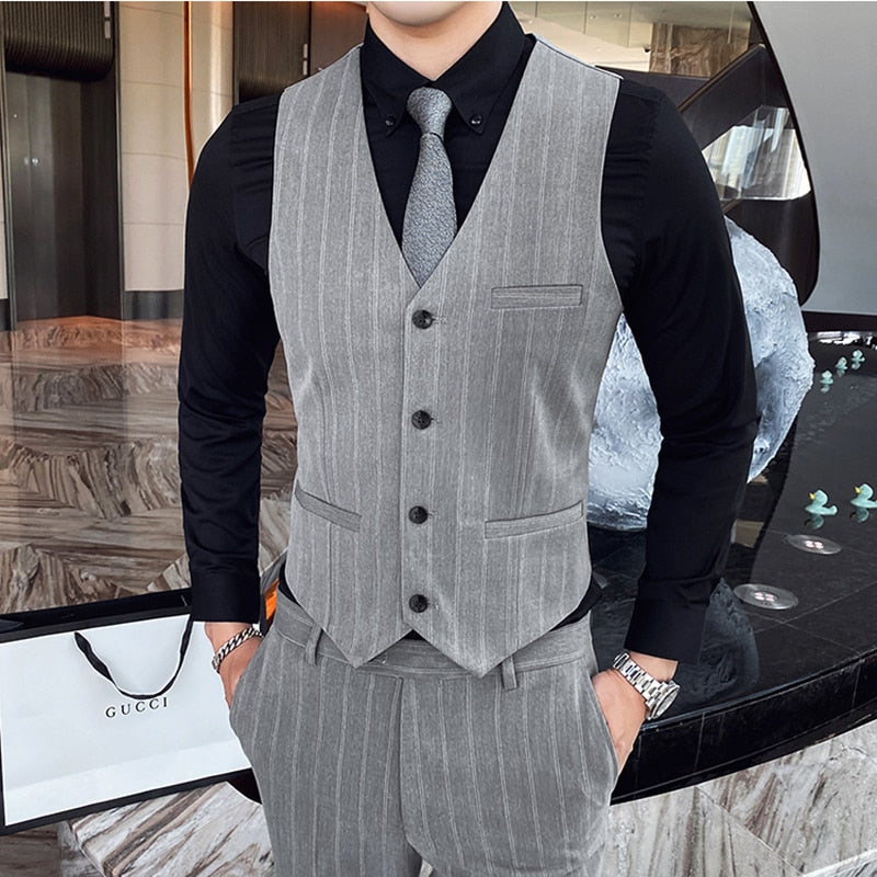 Boutique (Blazer + Vest + Trousers) Men's Fashion Business Stripes Elegant Slim Gentleman Wedding Casual Formal Suit 3piece Suit