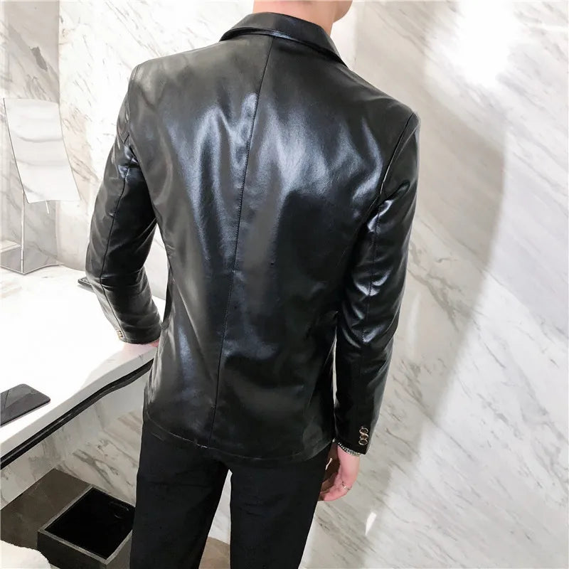 2023 Autumn Leather Jacket Men Slim fit Casual Business Blazer Masculino Solid Color Street Wear Social PU Coat Costume Homme