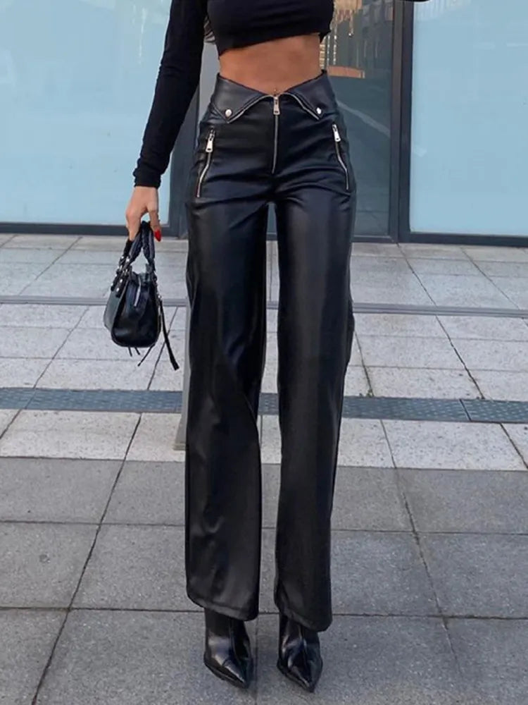 Cryptographic PU Leather Zip Up High Rise Pants Club Party Casual Chic Straight Leg Pants for Women Trousers Pant Gothic Loose