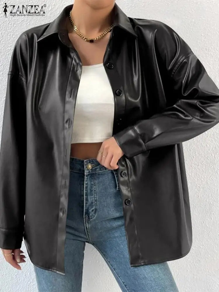 2023 Autumn Lapel Collar Coats ZANZEA Women Bomber Jackets Streetwear PU Leather Long Sleeve Blazer Oversized Buttons Outerwears