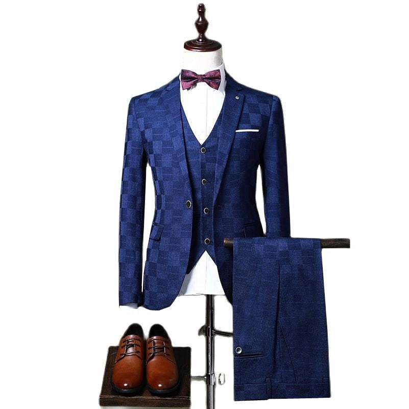 (Blazer +Pants + Vest ) Fashion Men Boutique Plaid Suit 3 Piece Blue / Black New Men's Business Dress Male Slim Fit Clothing