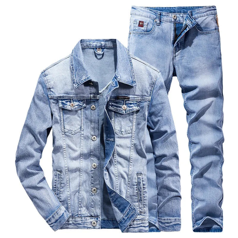 Denim Suit Men's Slim Micro-Stretch Two-piece Spring and Autumn Jacket Jeans Suit