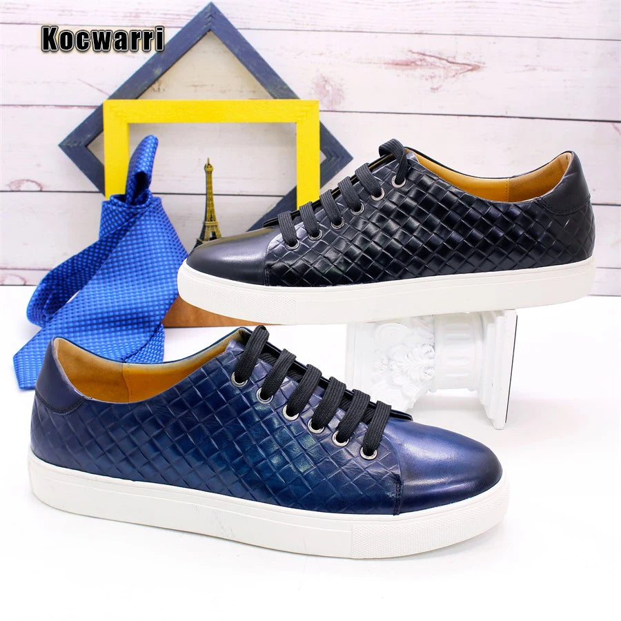 Men's Genuine Leather Shoes Comfortable Casual Fish Pattern Flat Shoes Lace Up Dating Office Fashion Banquet Men's Shoes