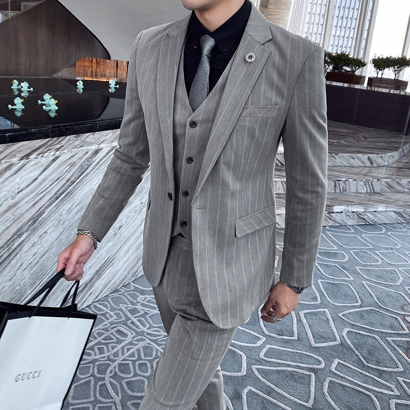 Boutique (Blazer + Vest + Trousers) Men's Fashion Business Stripes Elegant Slim Gentleman Wedding Casual Formal Suit 3piece Suit